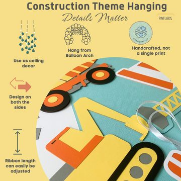 Pinfliers Construction theme birthday decoration for boys, kids, girls, paper hangings for ceiling or wall decoration, 7 pieces in 1 set, in yellow, orange, blue color